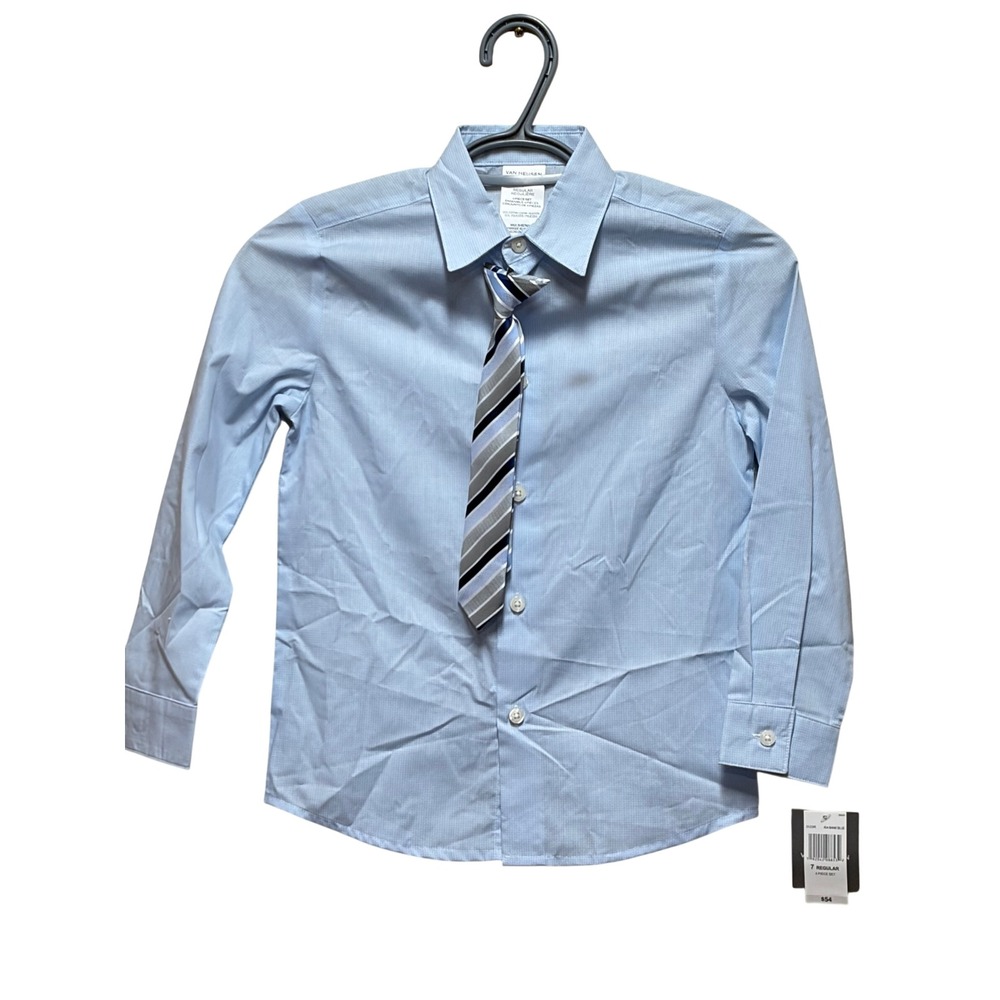 Van Heusen Boys Blue Micro Dot Dress Shirt and Striped Tie Set Size 7 Regular